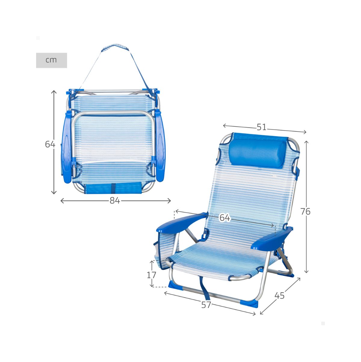 Silla-de-playa-Mallorca-Aktive-cojin---bolsillos---asa-azul-claro-medidas
