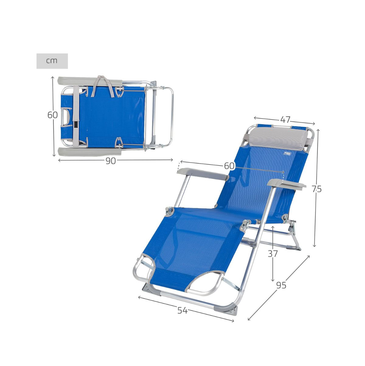 Tumbona-de-playa-Aktive-reclinable---reposacabezas-azul--medidas