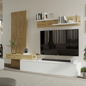 Composición de salón Basi mueble de TV + estante + panel blanco/natural