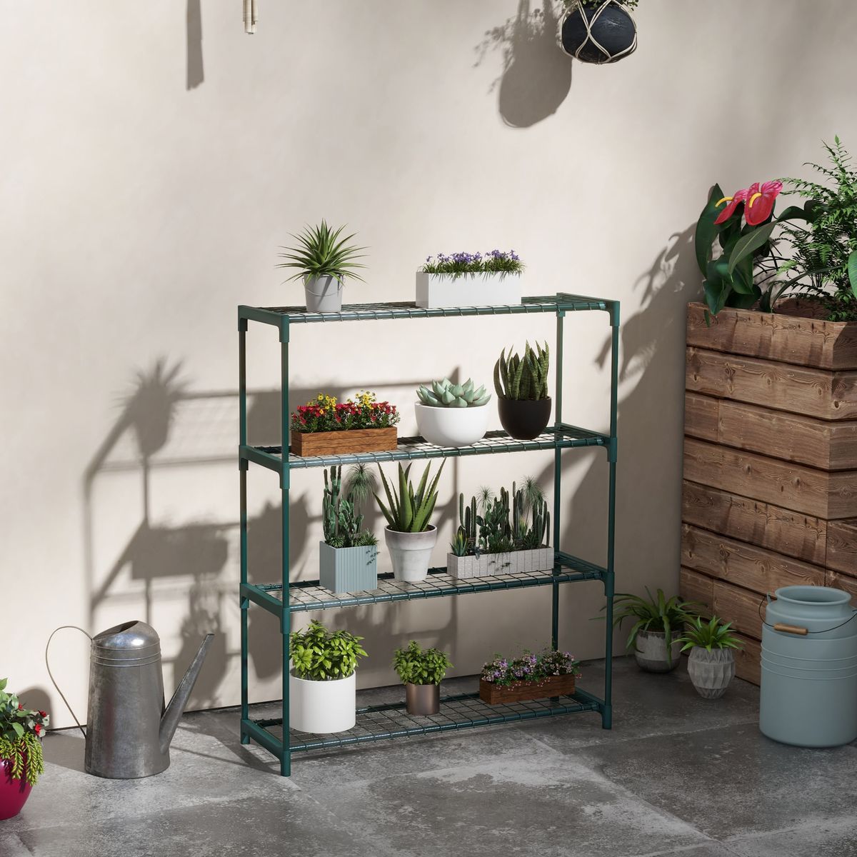 Estanteria-Chui-Outsunny-4-niveles-verde-oscuro-107x89x28-cm-ambientada