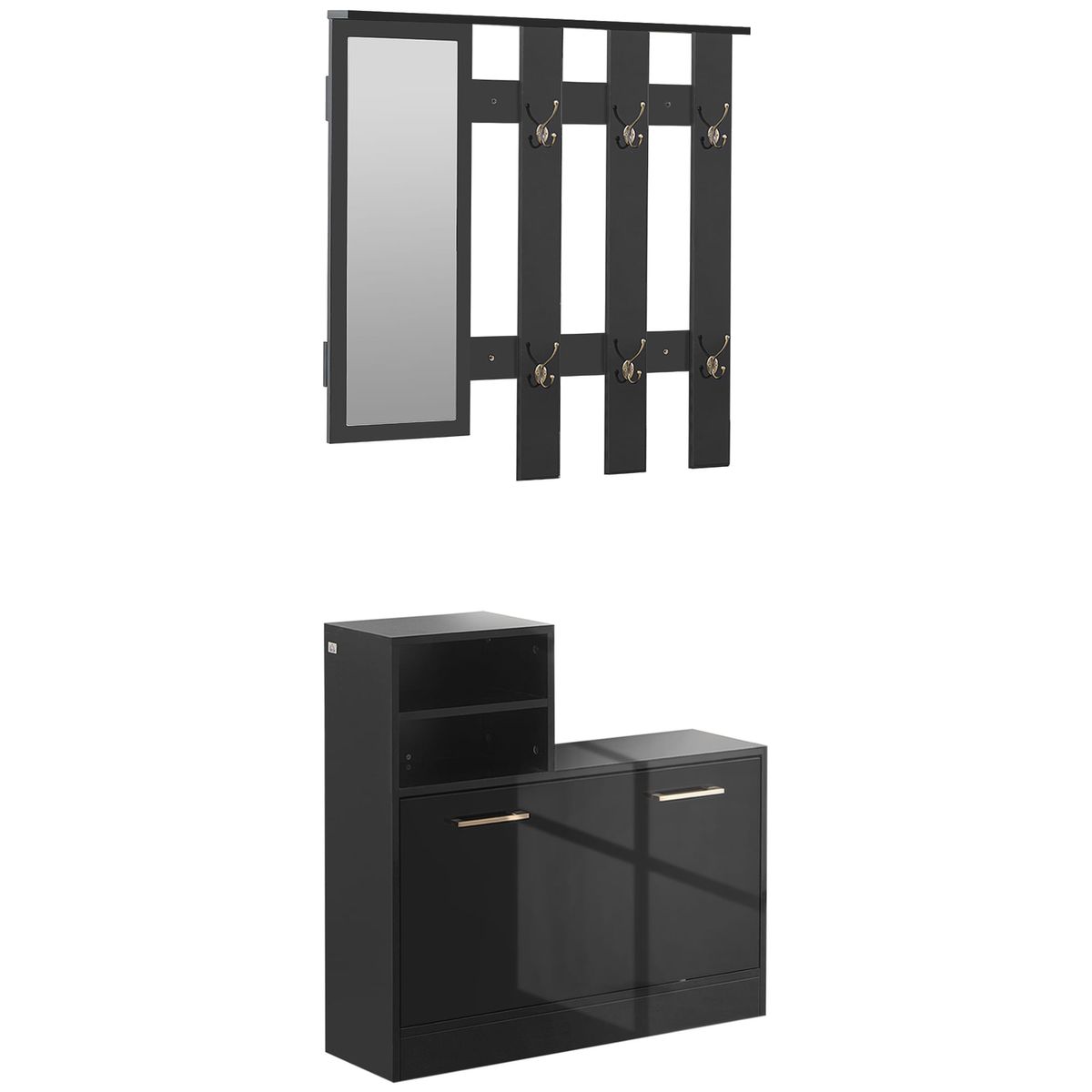 Recibidor-Marina-Homcom-espejo---perchero---zapatero-negro