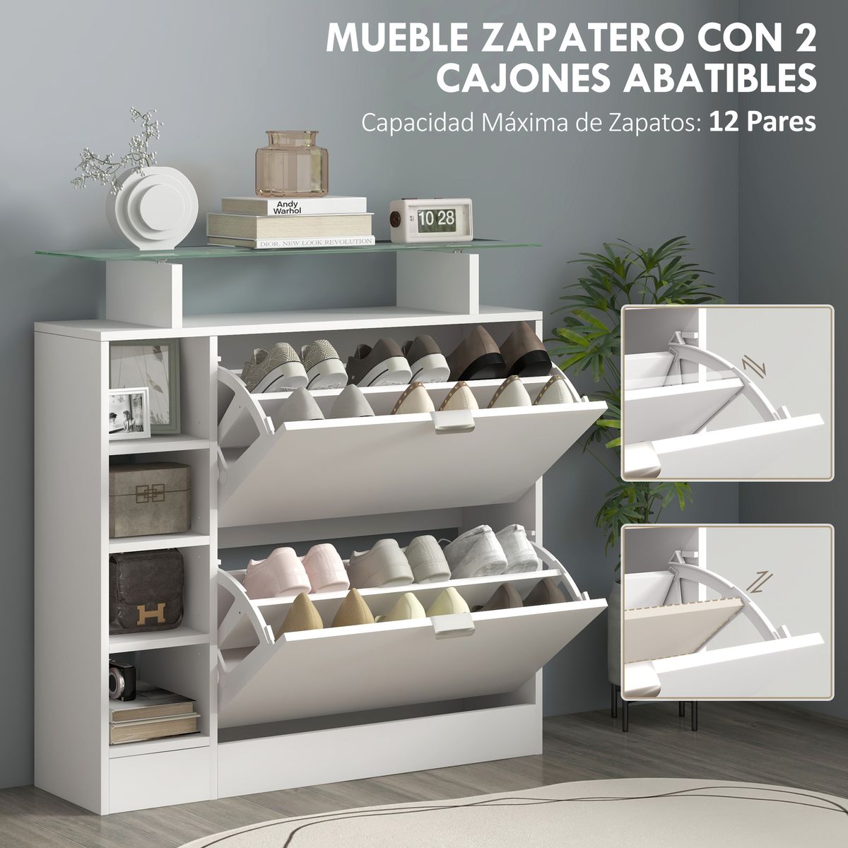 Zapatero-Toby-Homcom-2-cajones---4-estantes---repisa-blanco-92x89x25-cm-