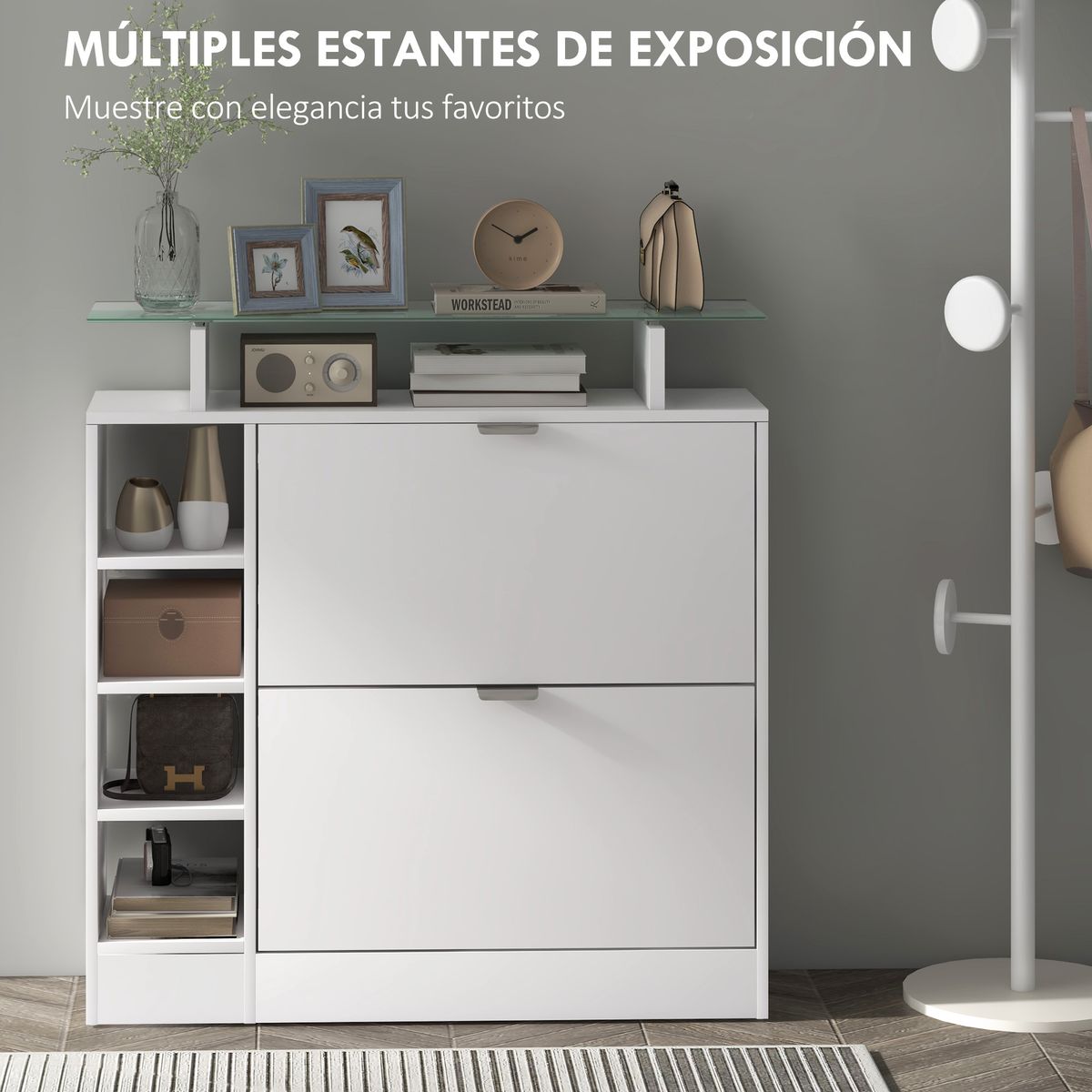 Zapatero-Toby-Homcom-2-cajones---4-estantes---repisa-blanco-92x89x25-cm-