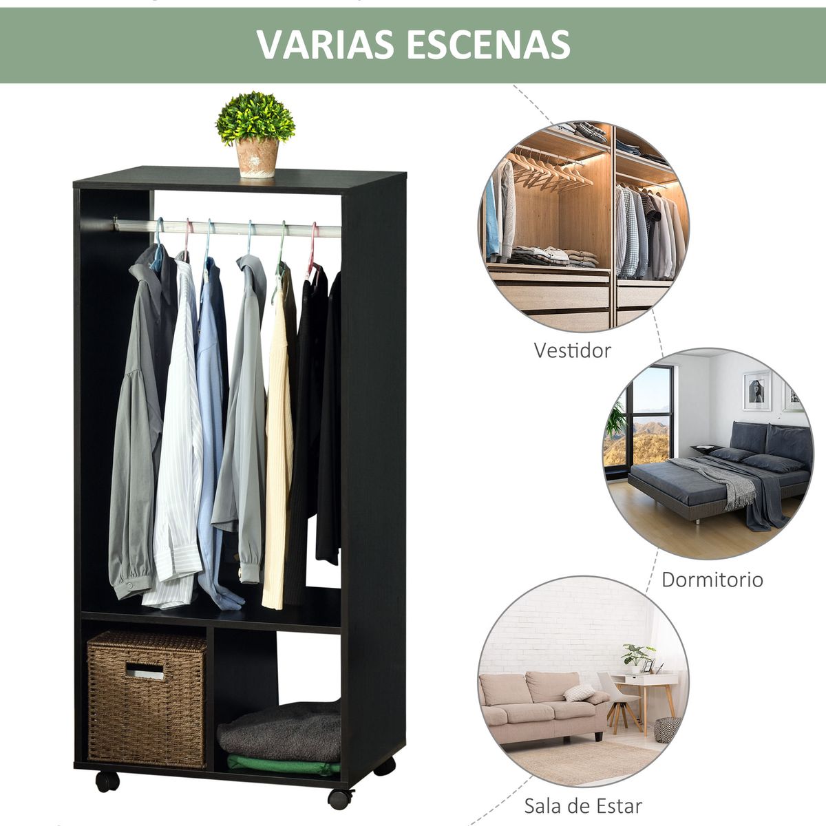 Armario-abierto-Kirk-Homcom-1-barra---2-estantes---ruedas-128x60x40-cm