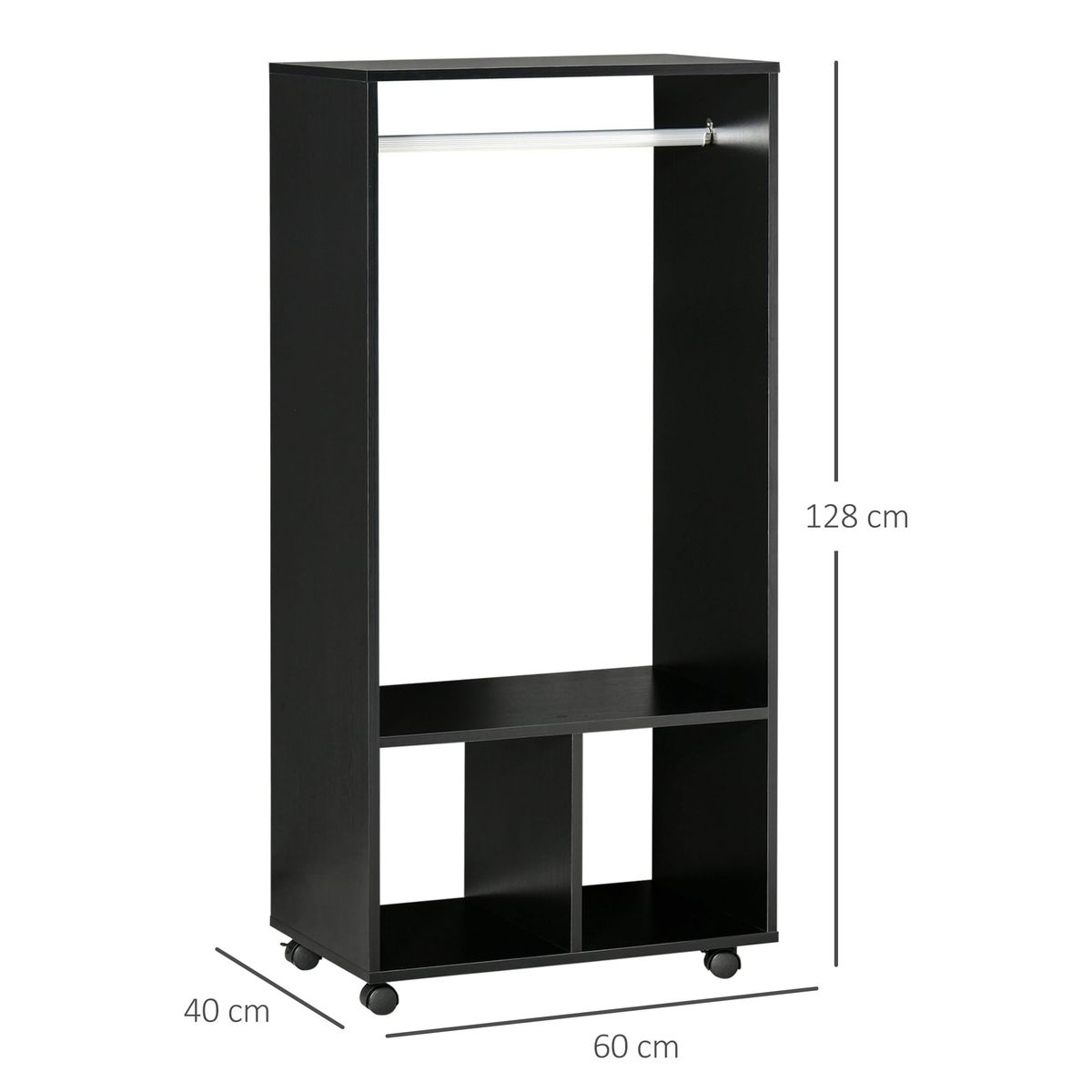 Armario-abierto-Kirk-Homcom-1-barra---2-estantes---ruedas-128x60x40-cm