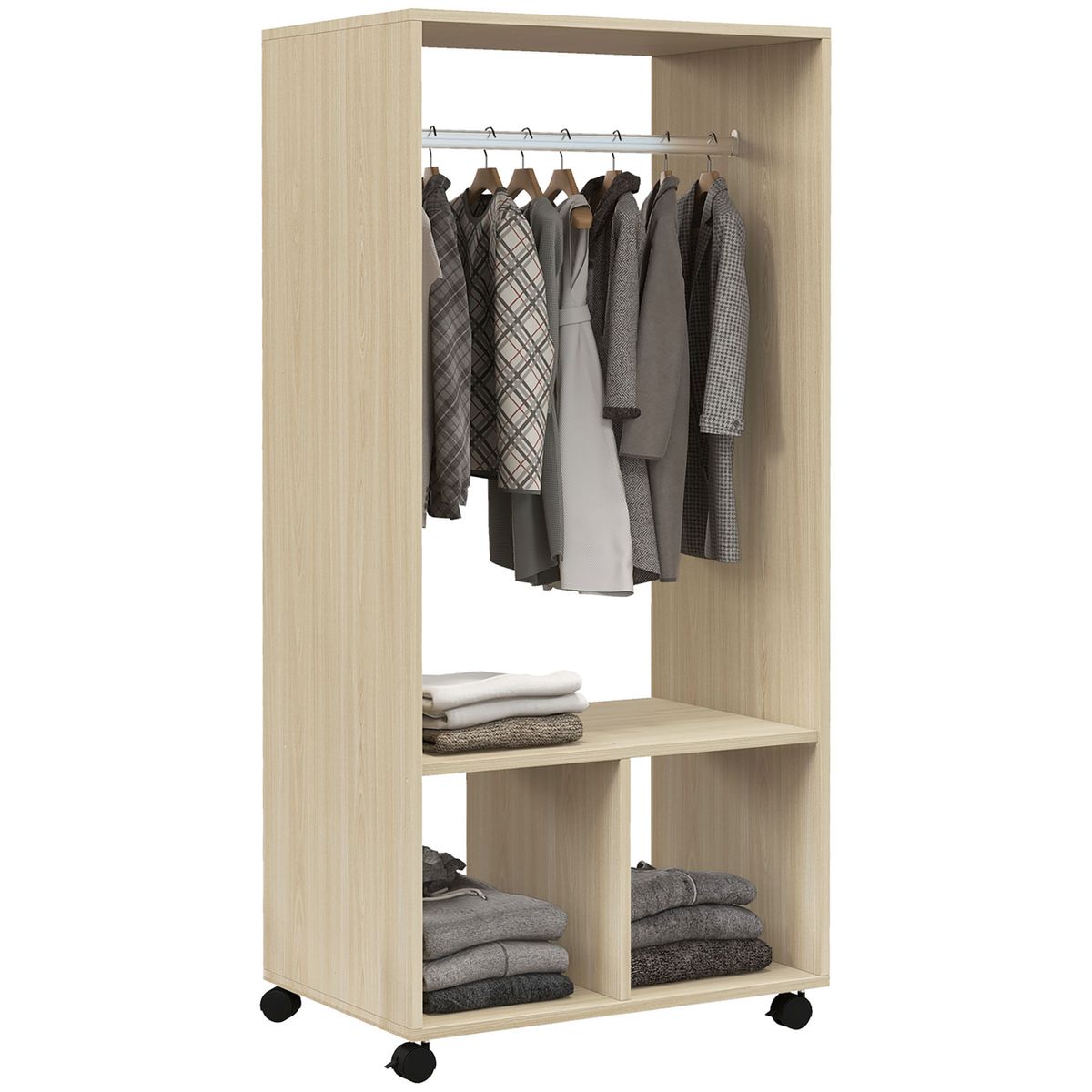 Armario-abierto-Kirk-Homcom-1-barra---2-estantes---ruedas-natural-128x60x40-cm