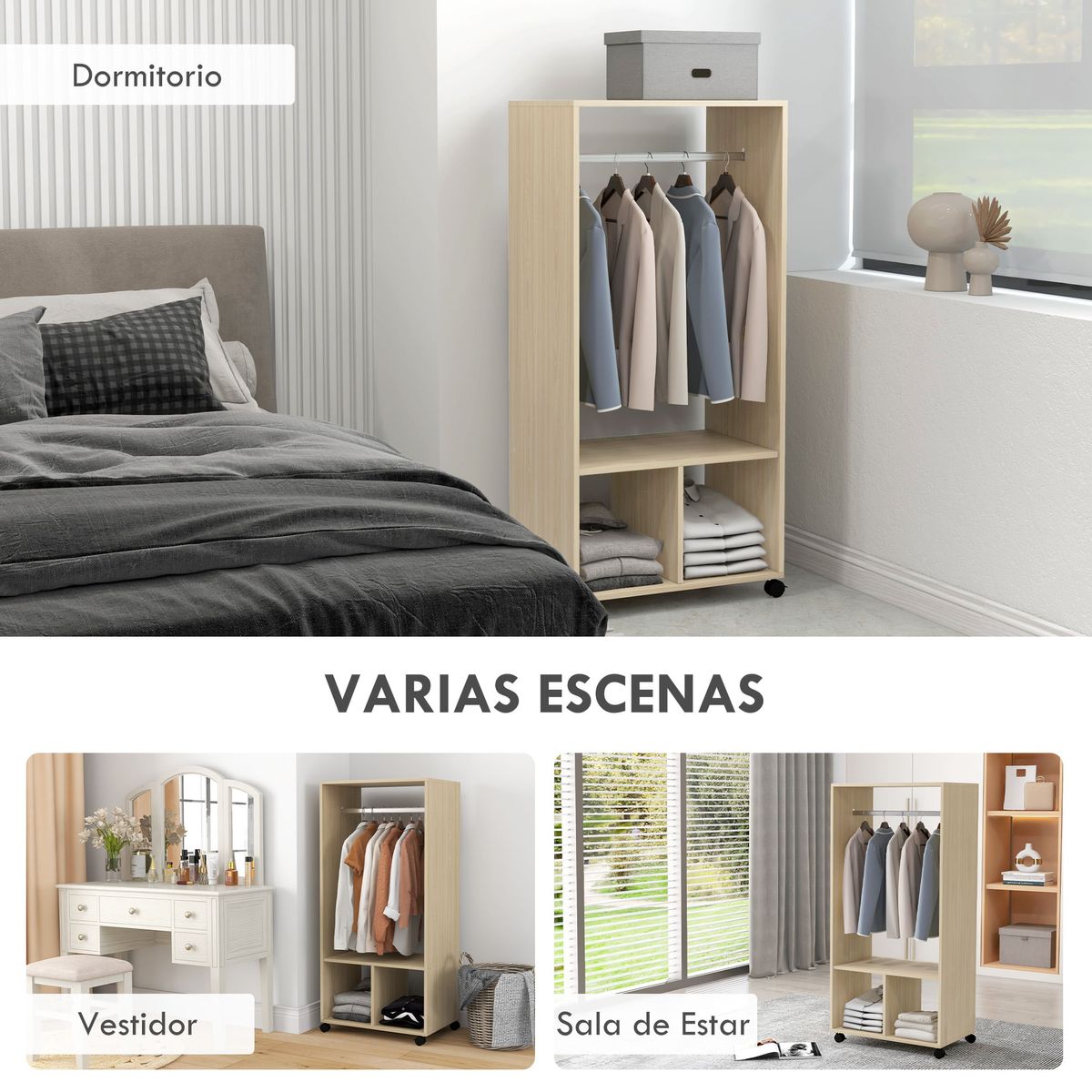 Armario-abierto-Kirk-Homcom-1-barra---2-estantes---ruedas-natural-128x60x40-cm
