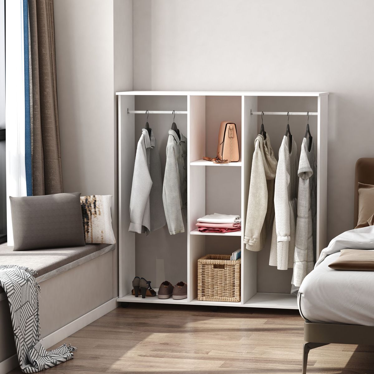Armario-abierto-Nova-Homcom-3-estantes---2-barras---ruedas-blanco-128x120x40cm