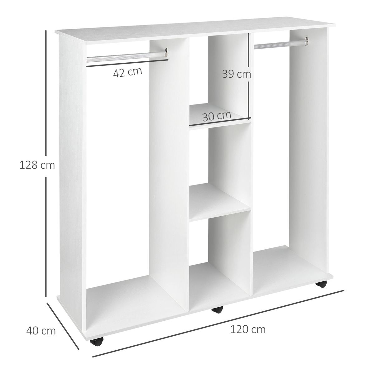 Armario-abierto-Nova-Homcom-3-estantes---2-barras---ruedas-blanco-128x120x40cm