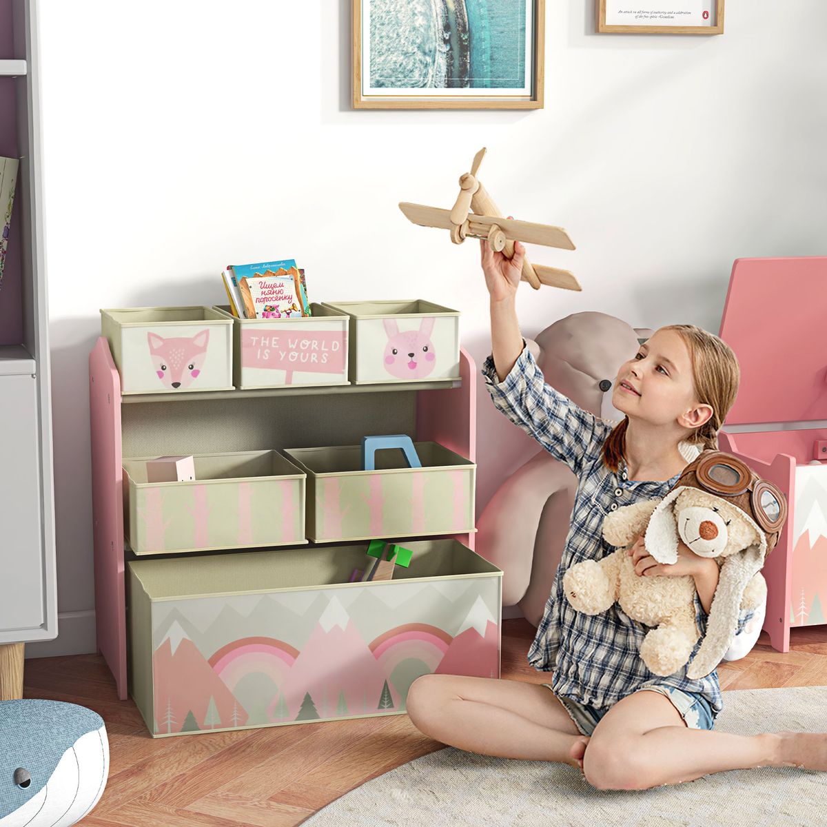 Estanteria-infantil-Neverland-Zonekiz-6-cajas-de-tela-rosa-66x63x30-cm