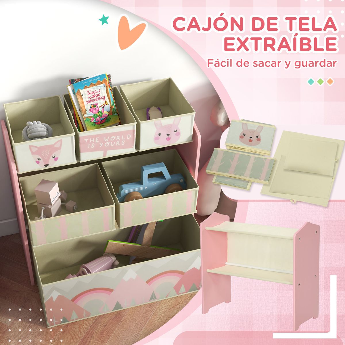 Estanteria-infantil-Neverland-Zonekiz-6-cajas-de-tela-rosa-66x63x30-cm