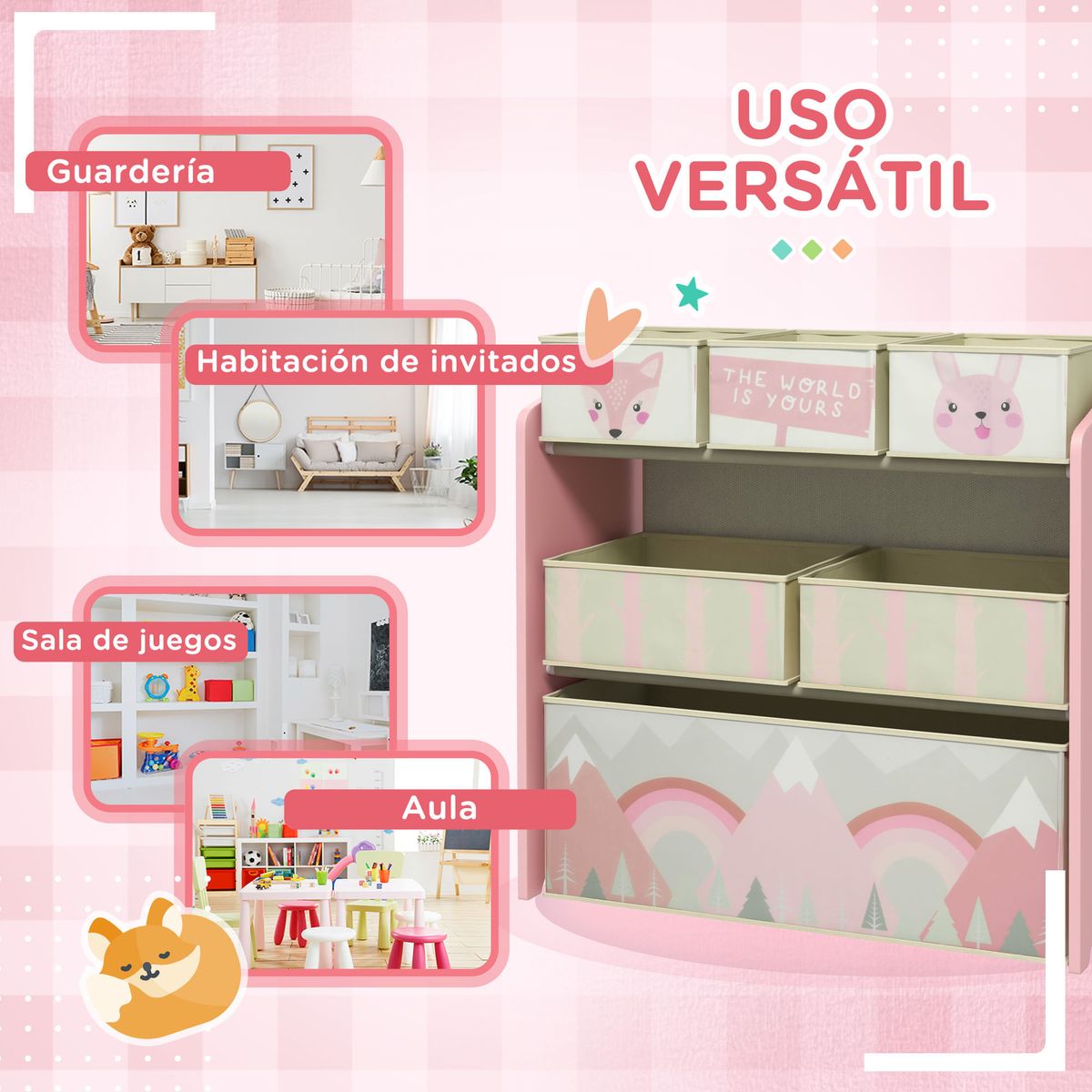 Estanteria-infantil-Neverland-Zonekiz-6-cajas-de-tela-rosa-66x63x30-cm