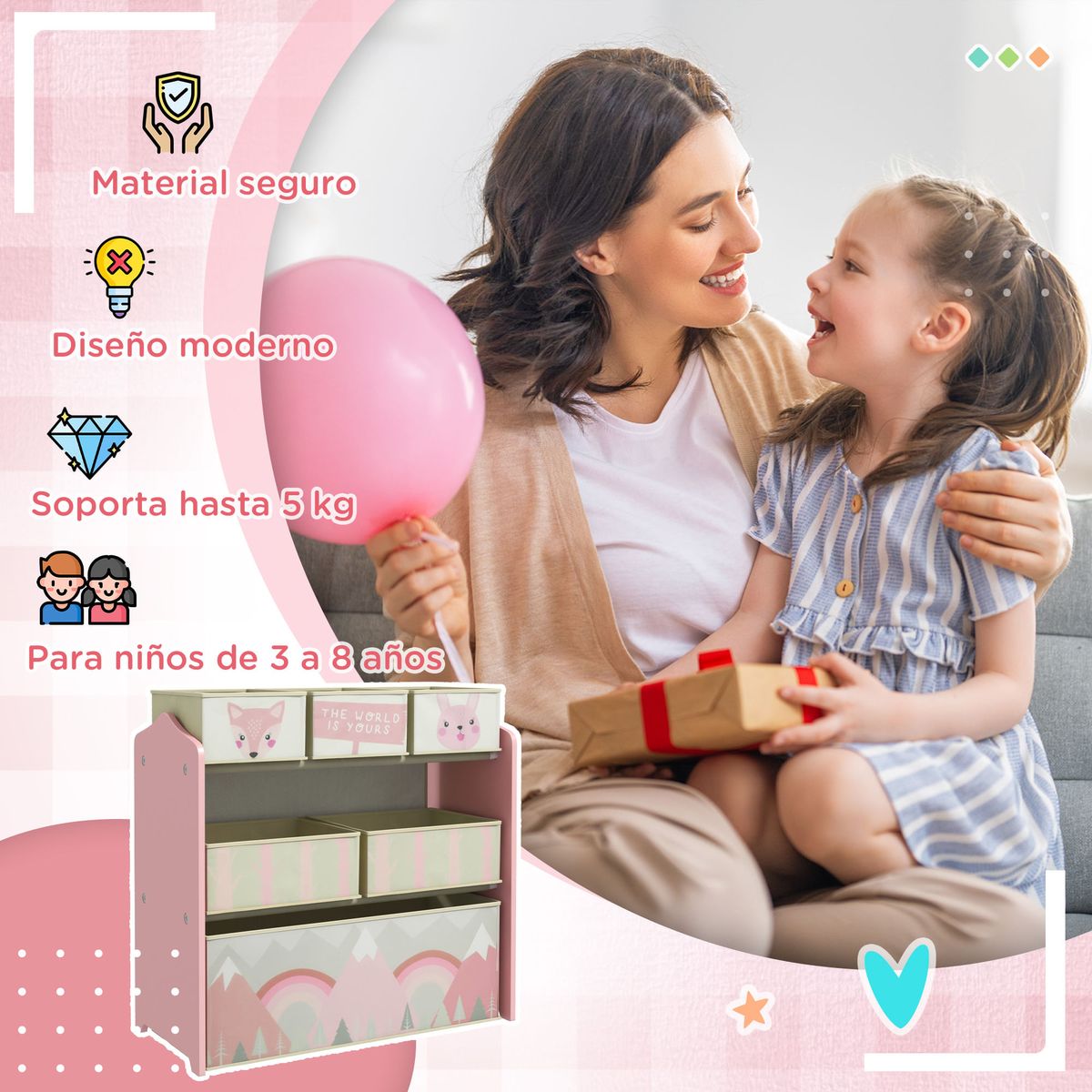 Estanteria-infantil-Neverland-Zonekiz-6-cajas-de-tela-rosa-66x63x30-cm