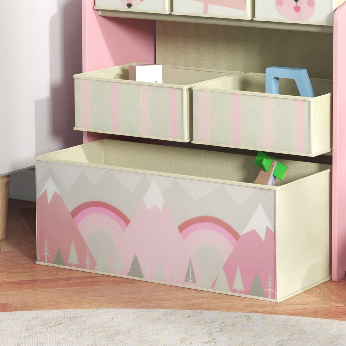 Estanteria-infantil-Neverland-Zonekiz-6-cajas-de-tela-rosa-66x63x30-cm
