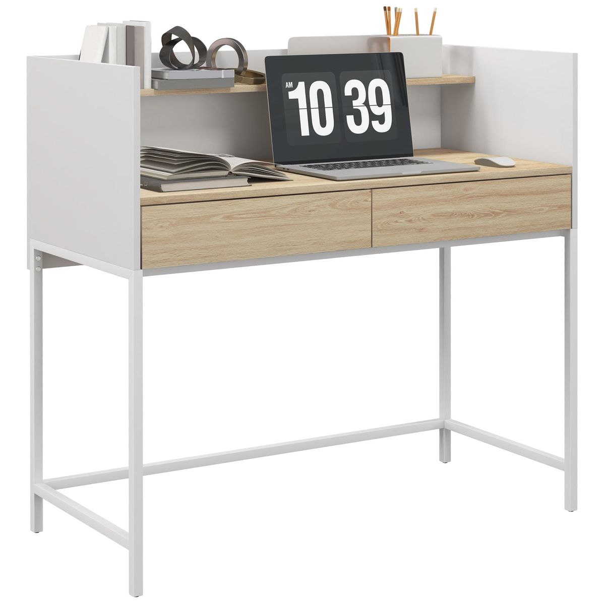 Escritorio-Andrea-Homcom-2-cajones---estante-blanco-roble-1025x106x515-cm