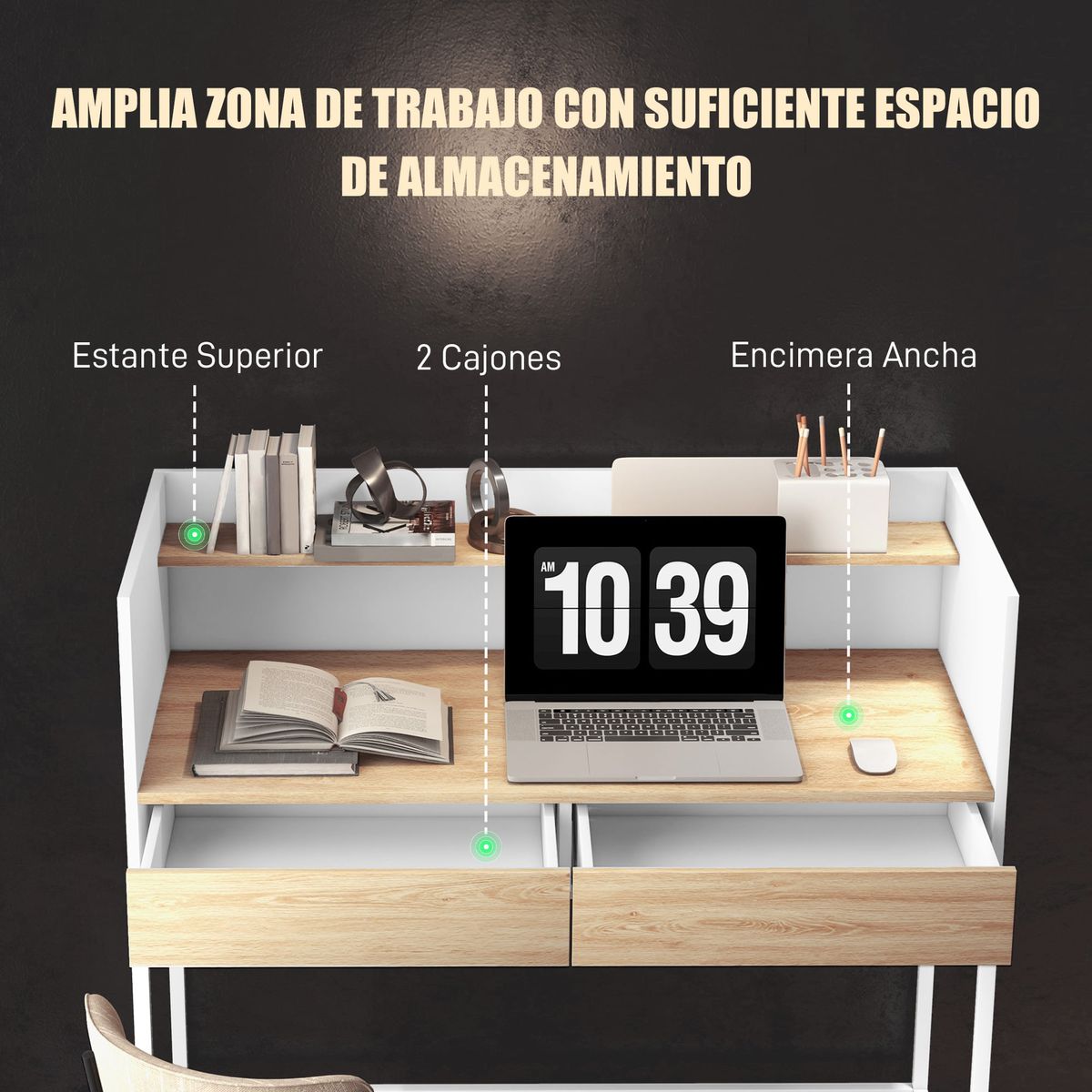 Escritorio-Andrea-Homcom-2-cajones---estante-blanco-roble-1025x106x515-cm