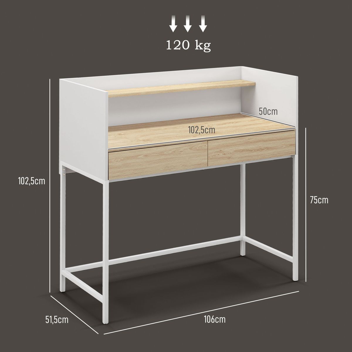 Escritorio-Andrea-Homcom-2-cajones---estante-blanco-roble-1025x106x515-cm