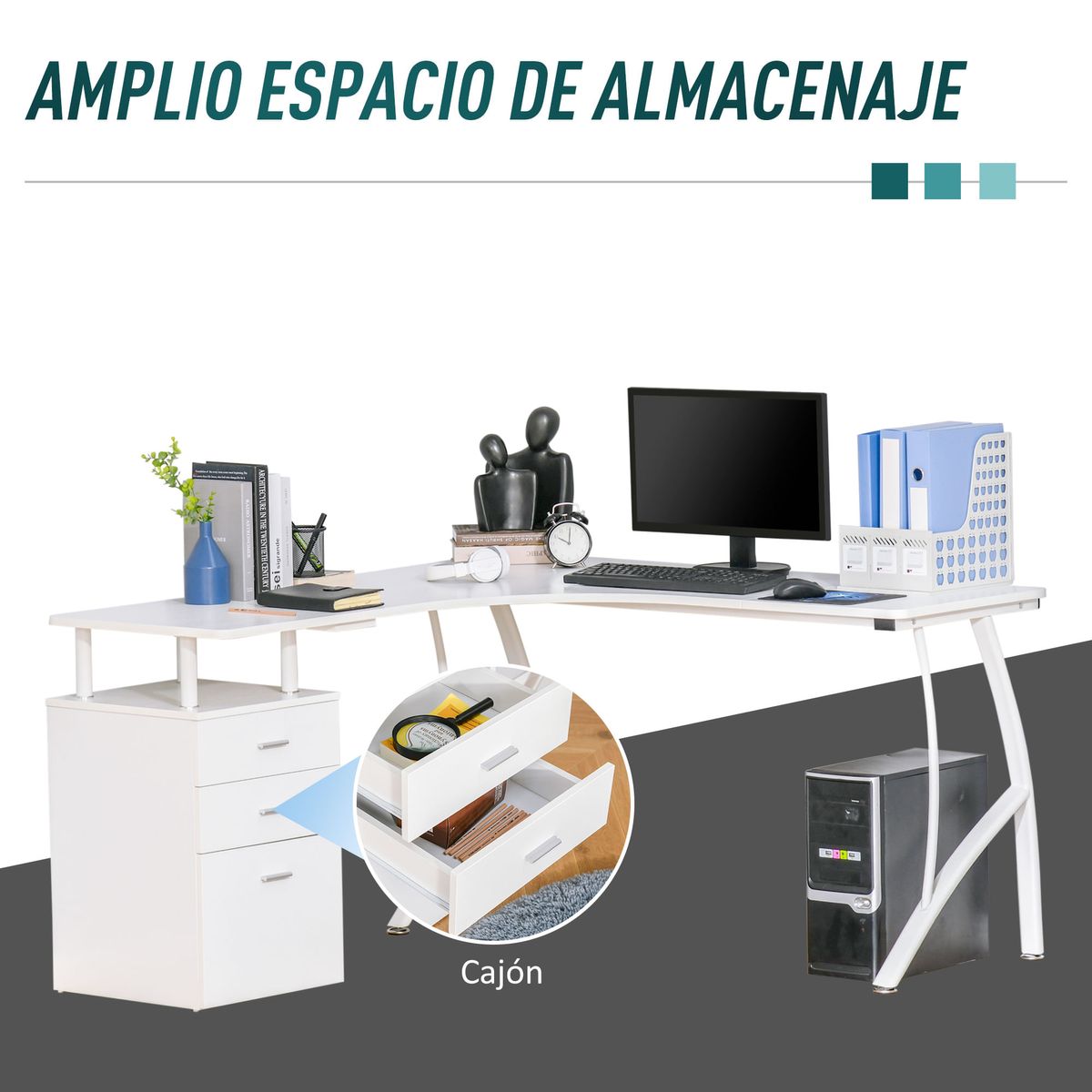 Escritorio-esquinero-Andres-Homcom-3-cajones-blanco-76x1435x1435-cm
