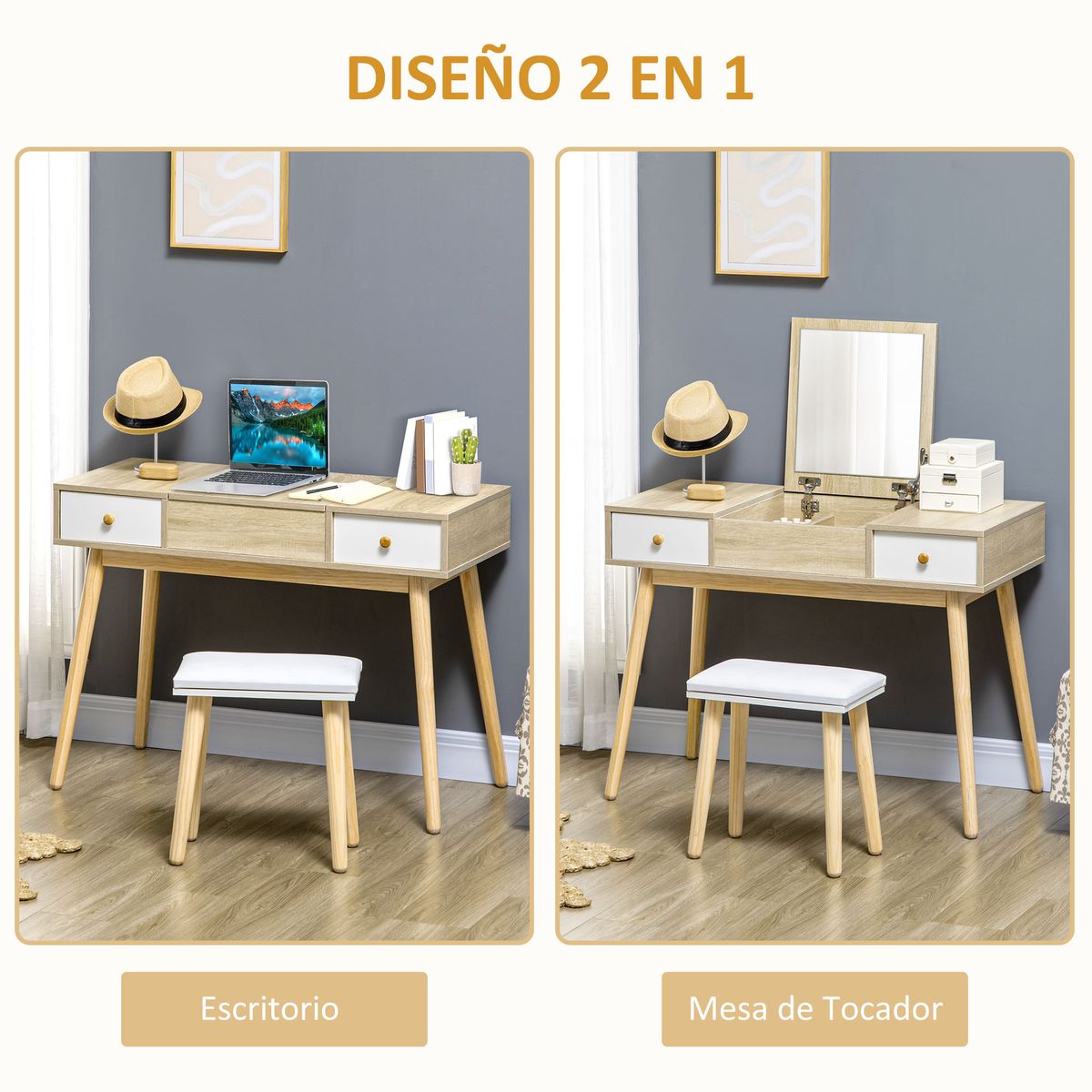 Tocador-Dafne-Homcom-espejo-abatible-taburete-blanco-natural-118x100x45-cm