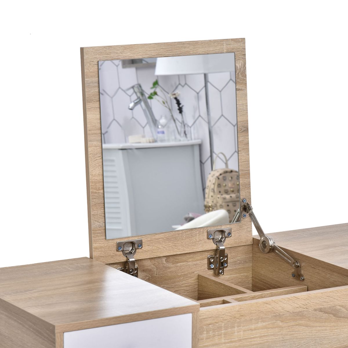 Tocador-Dafne-Homcom-espejo-abatible-taburete-blanco-natural-118x100x45-cm