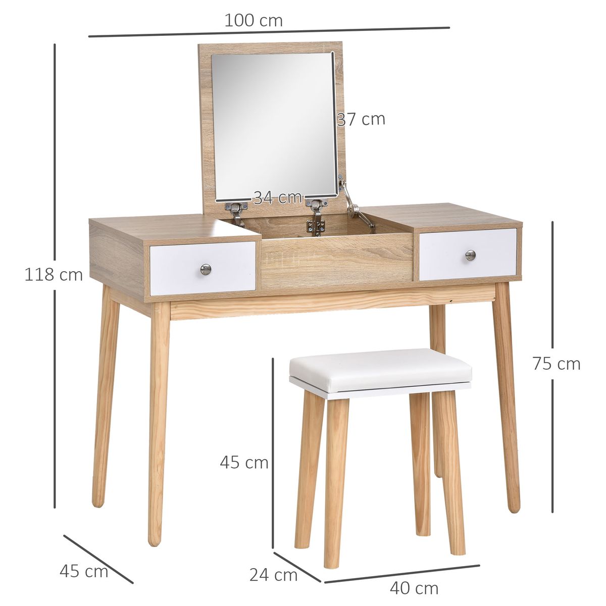 Tocador-Dafne-Homcom-espejo-abatible-taburete-blanco-natural-118x100x45-cm