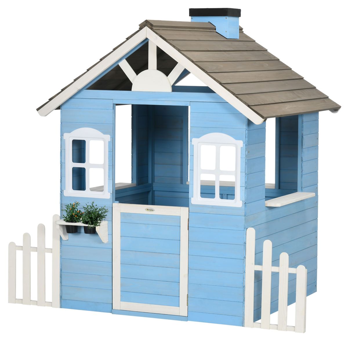 Casita-infantil-Almeria-Outsunny-ventanas---chimenea---vallas-azul-142x51x112-cm