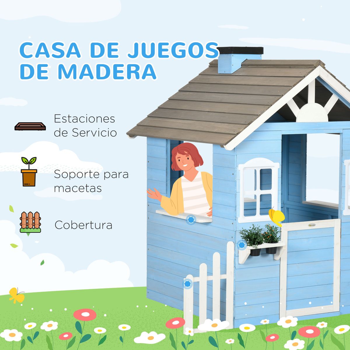 Casita-infantil-Almeria-Outsunny-ventanas---chimenea---vallas-azul-142x51x112-cm