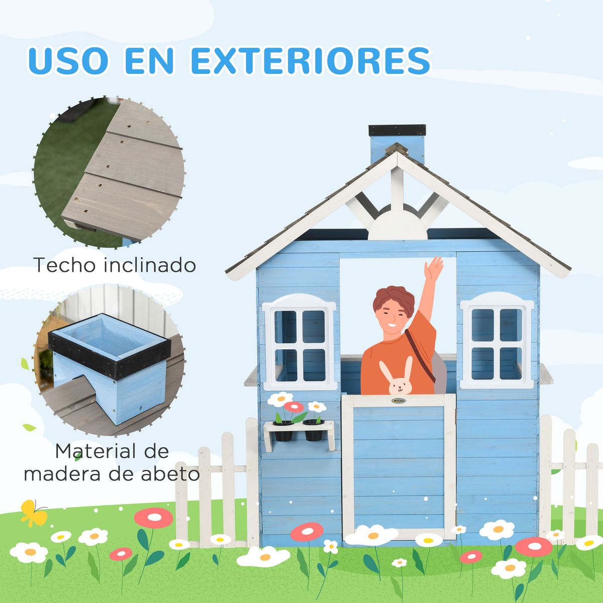Casita-infantil-Almeria-Outsunny-ventanas---chimenea---vallas-azul-142x51x112-cm