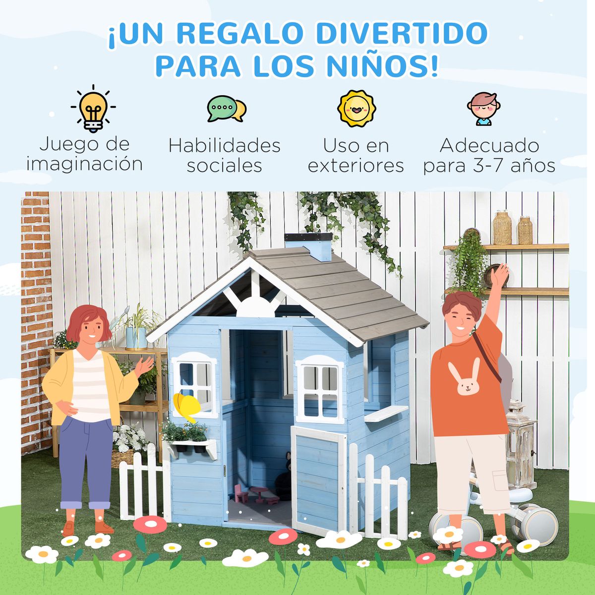 Casita-infantil-Almeria-Outsunny-ventanas---chimenea---vallas-azul-142x51x112-cm