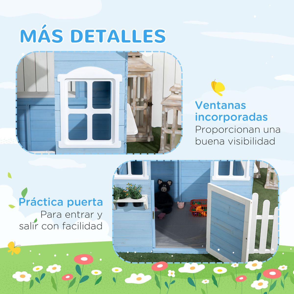 Casita-infantil-Almeria-Outsunny-ventanas---chimenea---vallas-azul-142x51x112-cm