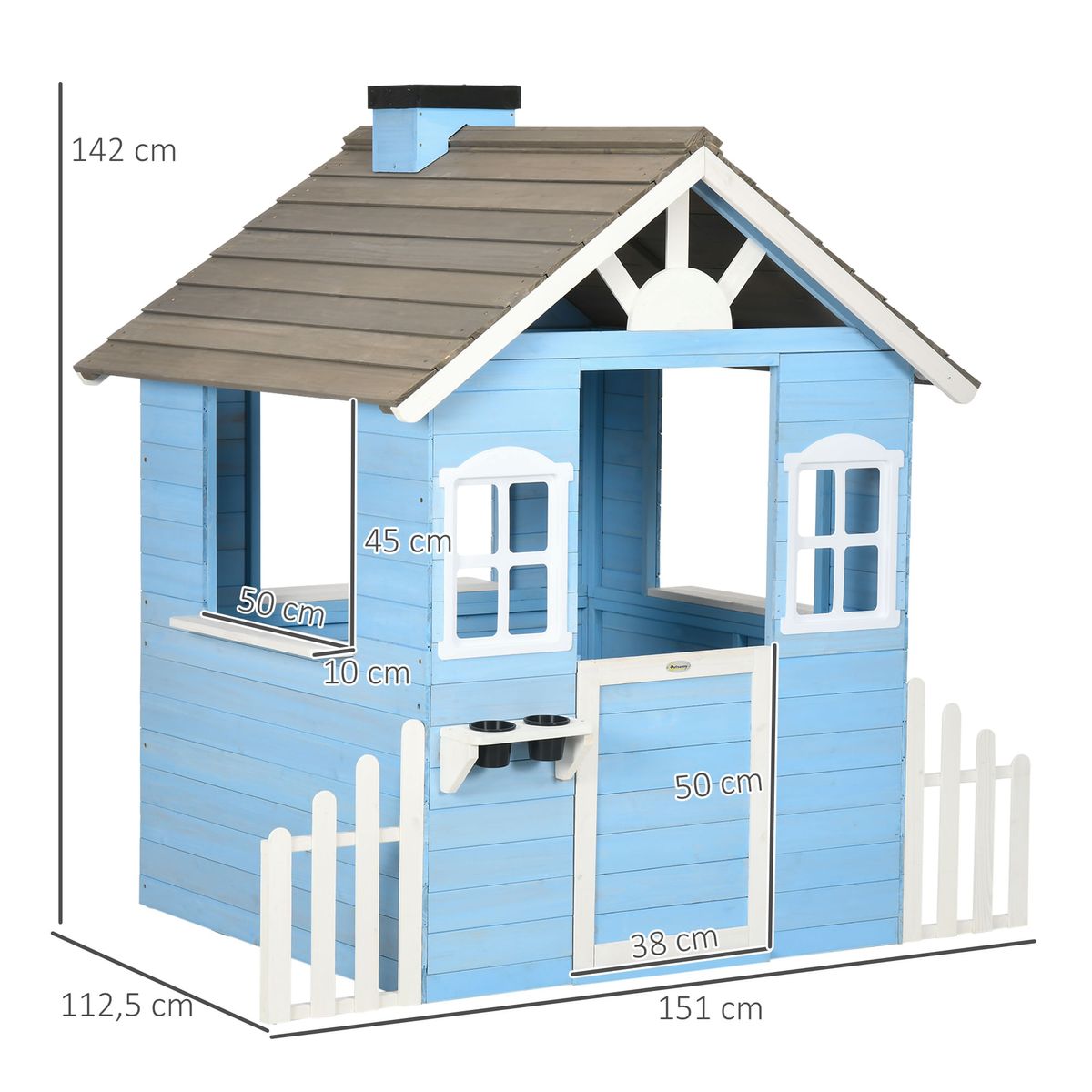 Casita-infantil-Almeria-Outsunny-ventanas---chimenea---vallas-azul-142x51x112-cm
