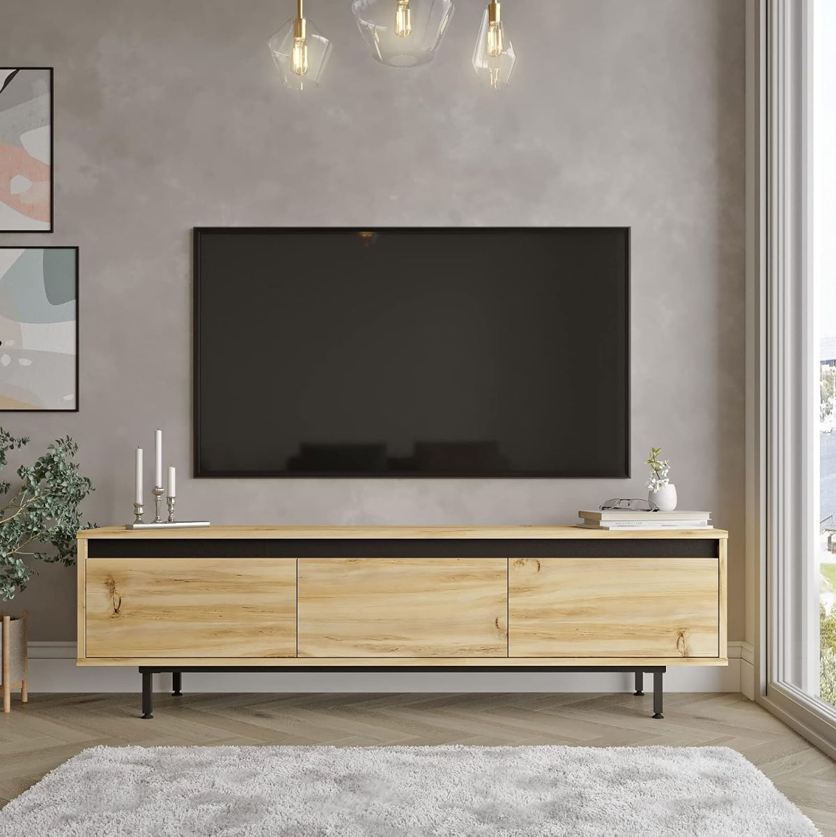 Mueble de TV Plateau 3 puertas abatibles natural/negro 45x160x35 cm