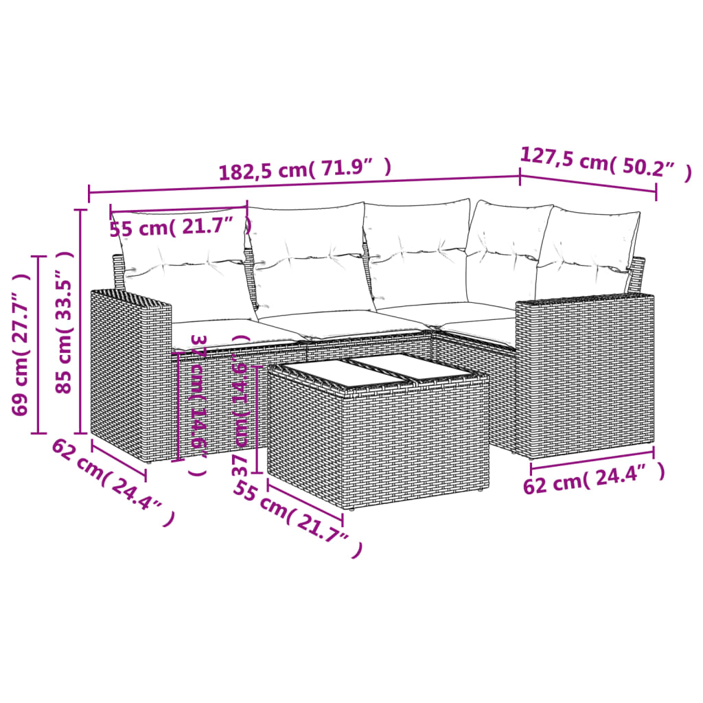 Conjunto-de-muebles-de-jardin-Relax-diseño-modular-5-piezas---cojines-negro-crema-