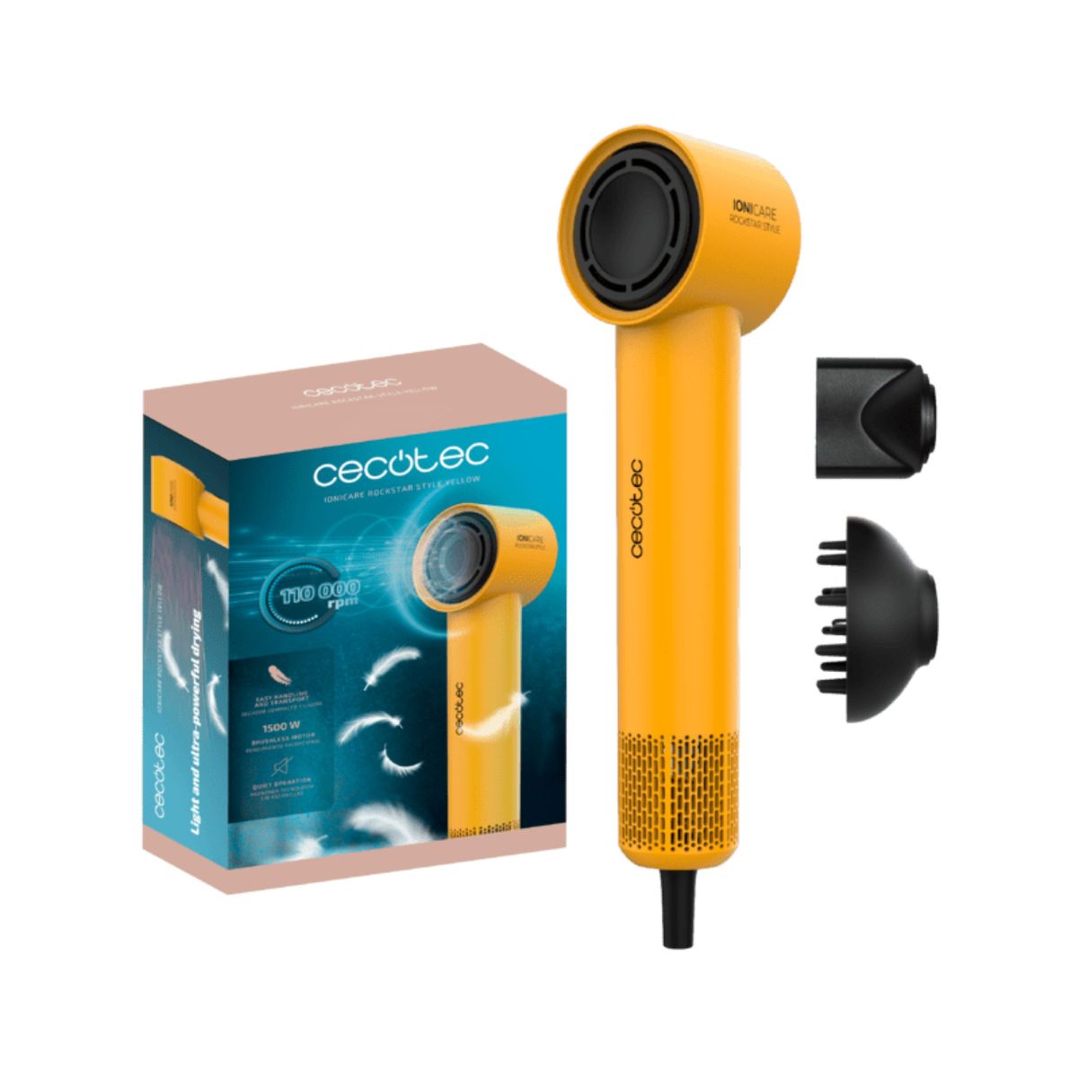 Secador-de-pelo-Cecotec-IoniCare-RockStar-Style-1500W-110000-rpm---accesorios-amarillo