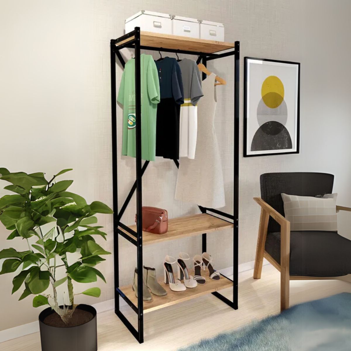 Armario-abierto-Russell-barra---2-estantes-negro-natural-160x66x34-cm-ambientada-lateral