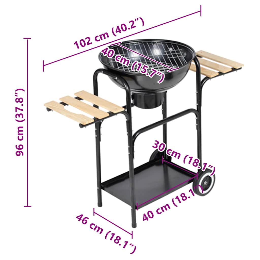 Barbacoa-de-carbon-Louisiana-con-ruedas---2-tablas-laterales-acero-negro-Ø44-cm