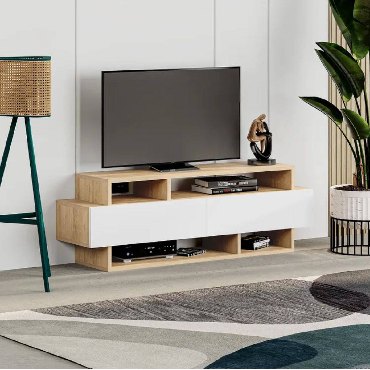 Mueble-de-TV-Zaitu-2-cajones---4-compartimentos-blanco-natural-42x125x32-cm-lateral