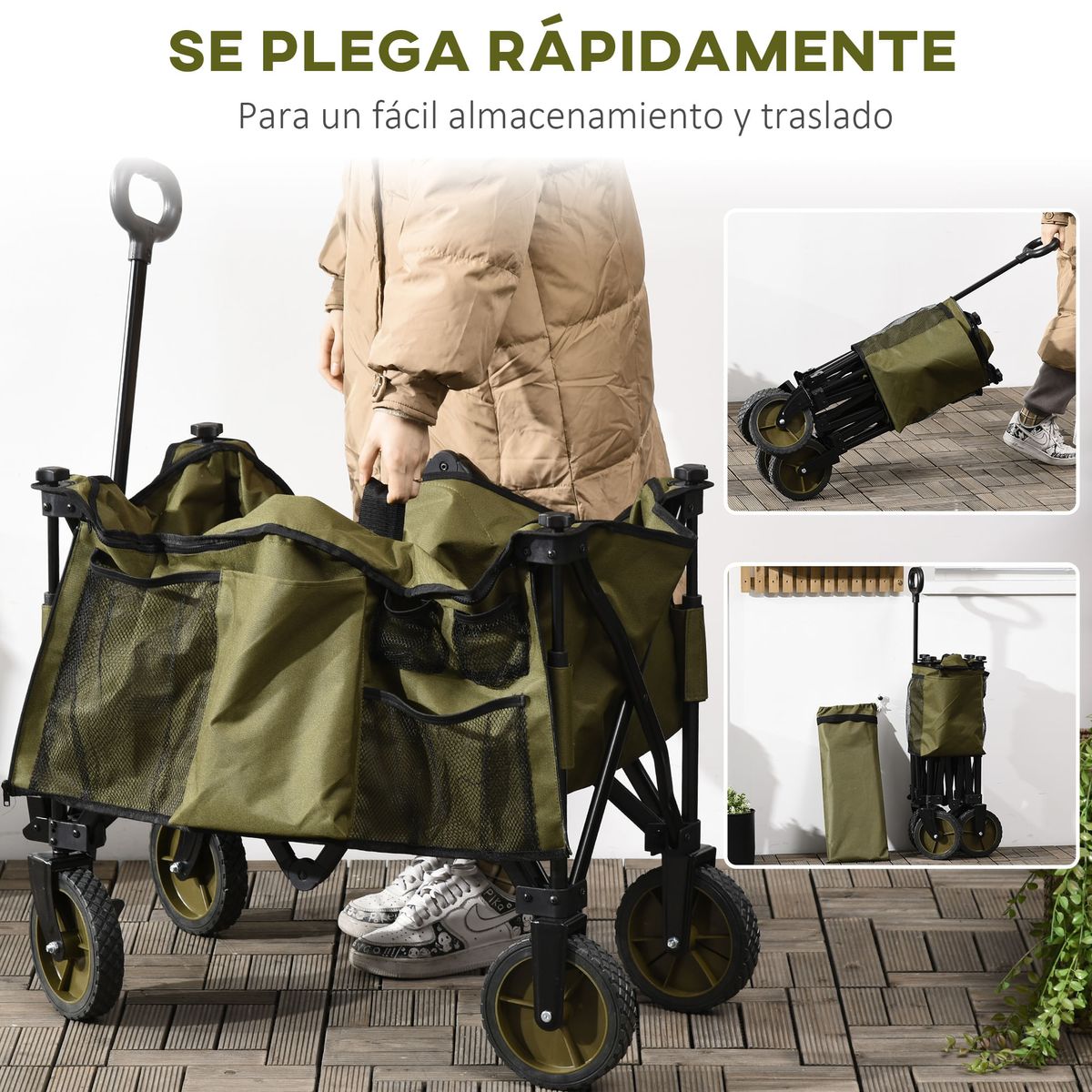 Carro-multifuncional-Bob-Outsunny-100kg-mango-plegable---bolsillos-verde-93x108x55-cm