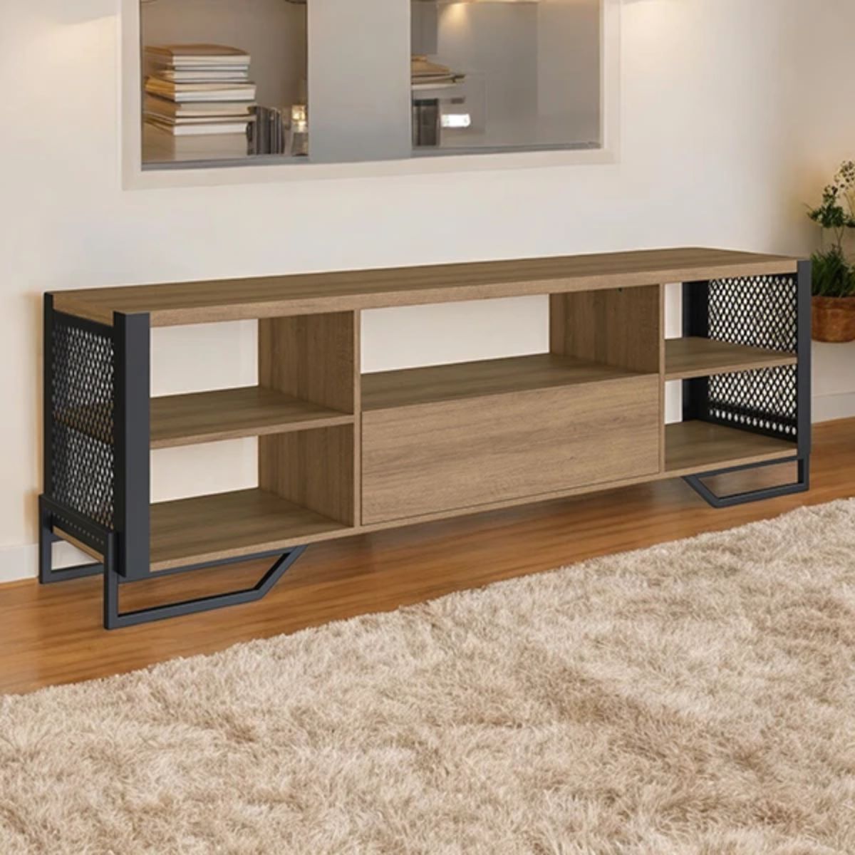 Mueble-de-TV-Jaen-1-cajon---5-estantes-negro-roble-57x183x40-cm-