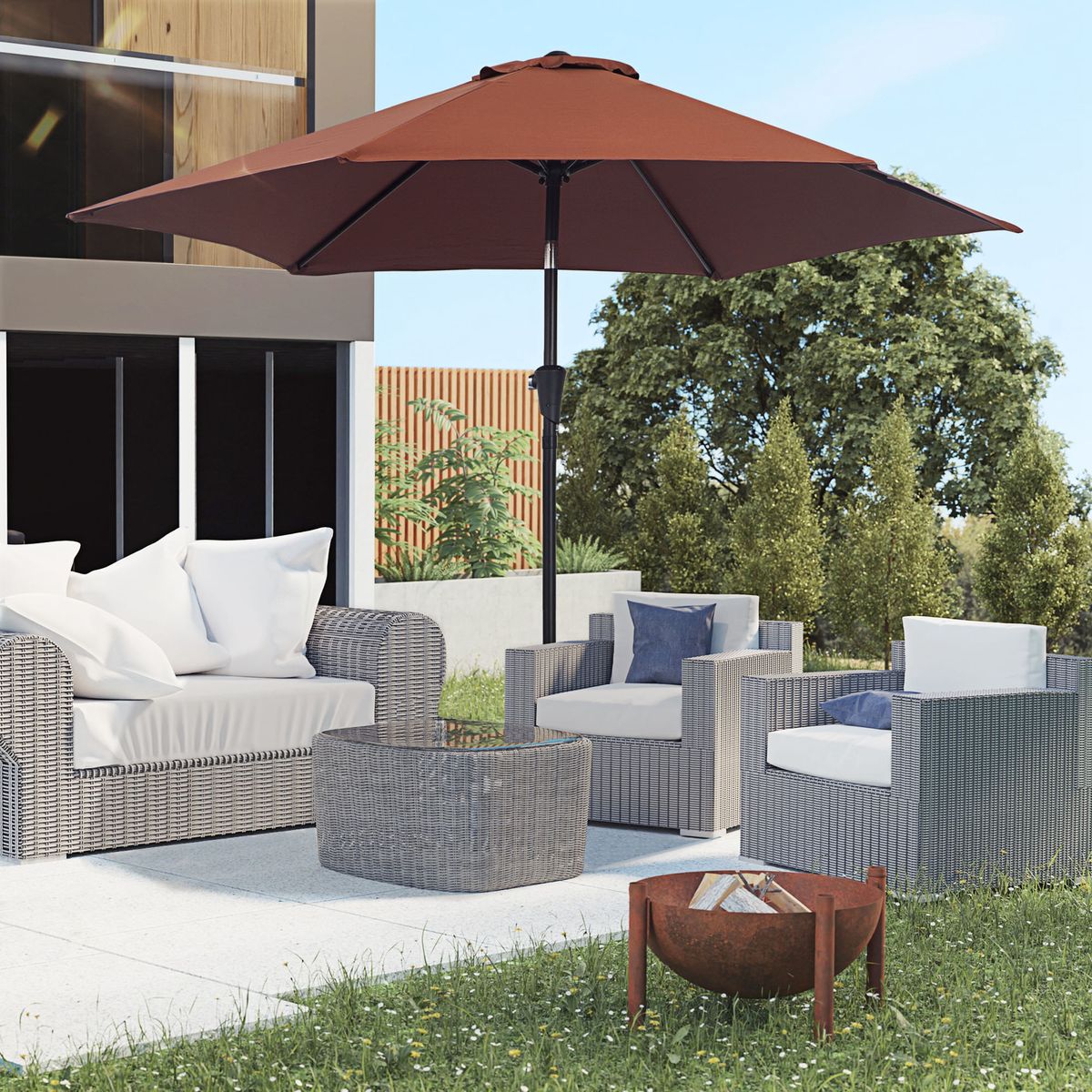 Sombrilla-Toroni-Outsunny-reclinable---manivela-marron-Ø260x235-cm-ambientada