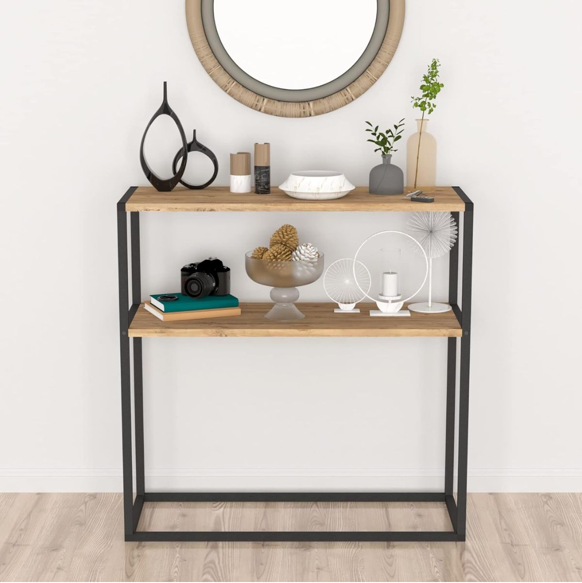 Consola-Birhan-2-estantes-natural-negro-90x90x34-cm-ambientada-frontal