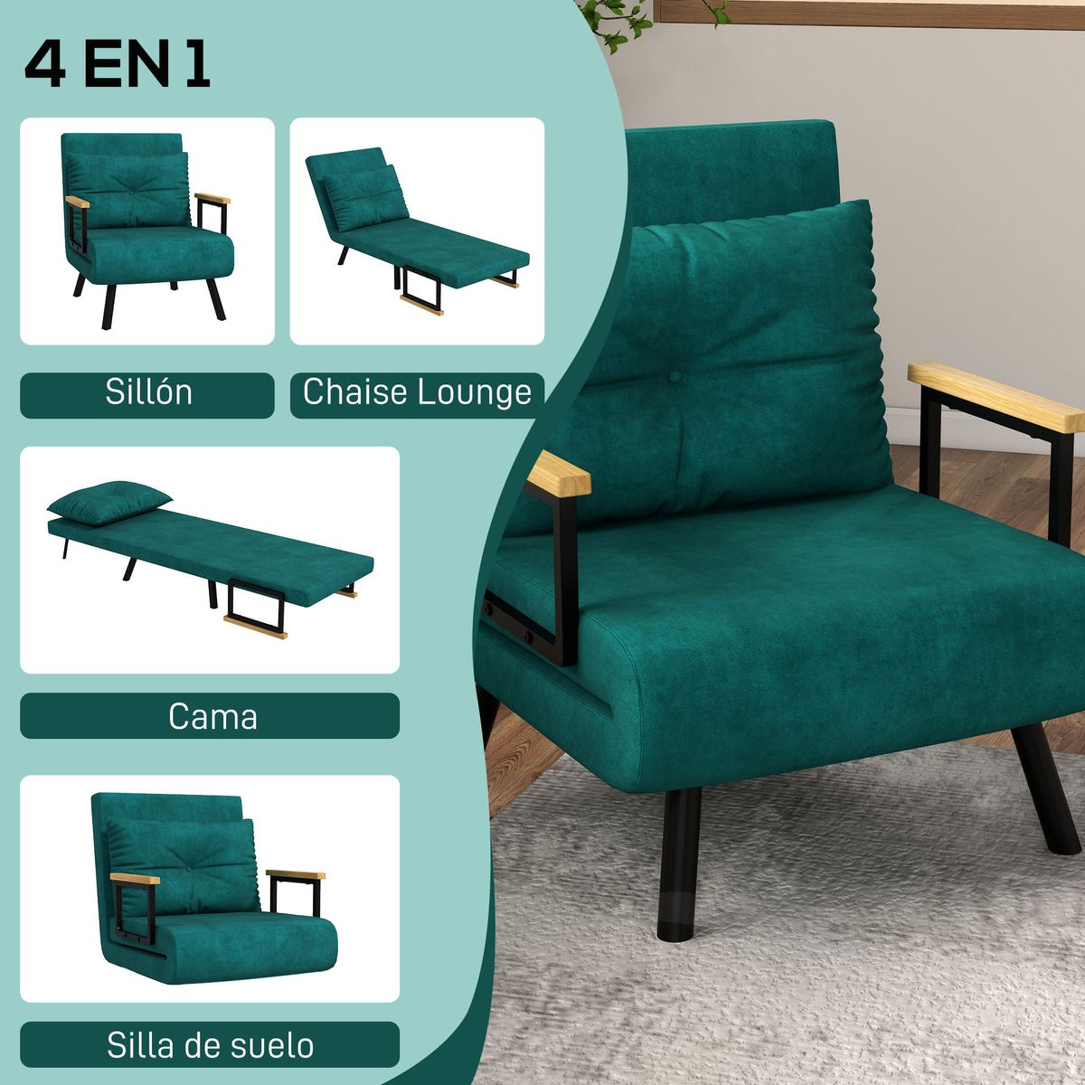 Sofa-cama-Prisma-Homcom-individual-convertible-4-en-1-verde-81x73x63cm