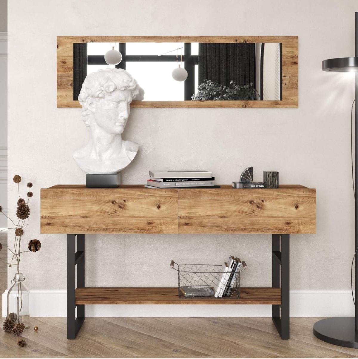 Aparador-Yurupa-con-espejo---puerta-abatible-natural-negro-75x139x43-cm-frontal
