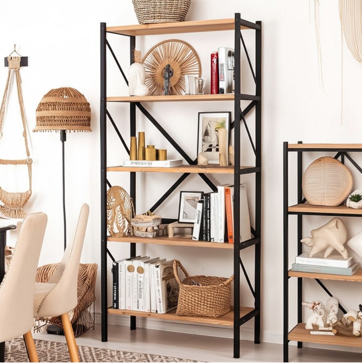 Estanteria-Safir-5-estantes-natural-negro-160x66x34-cm-ambientada-hogar