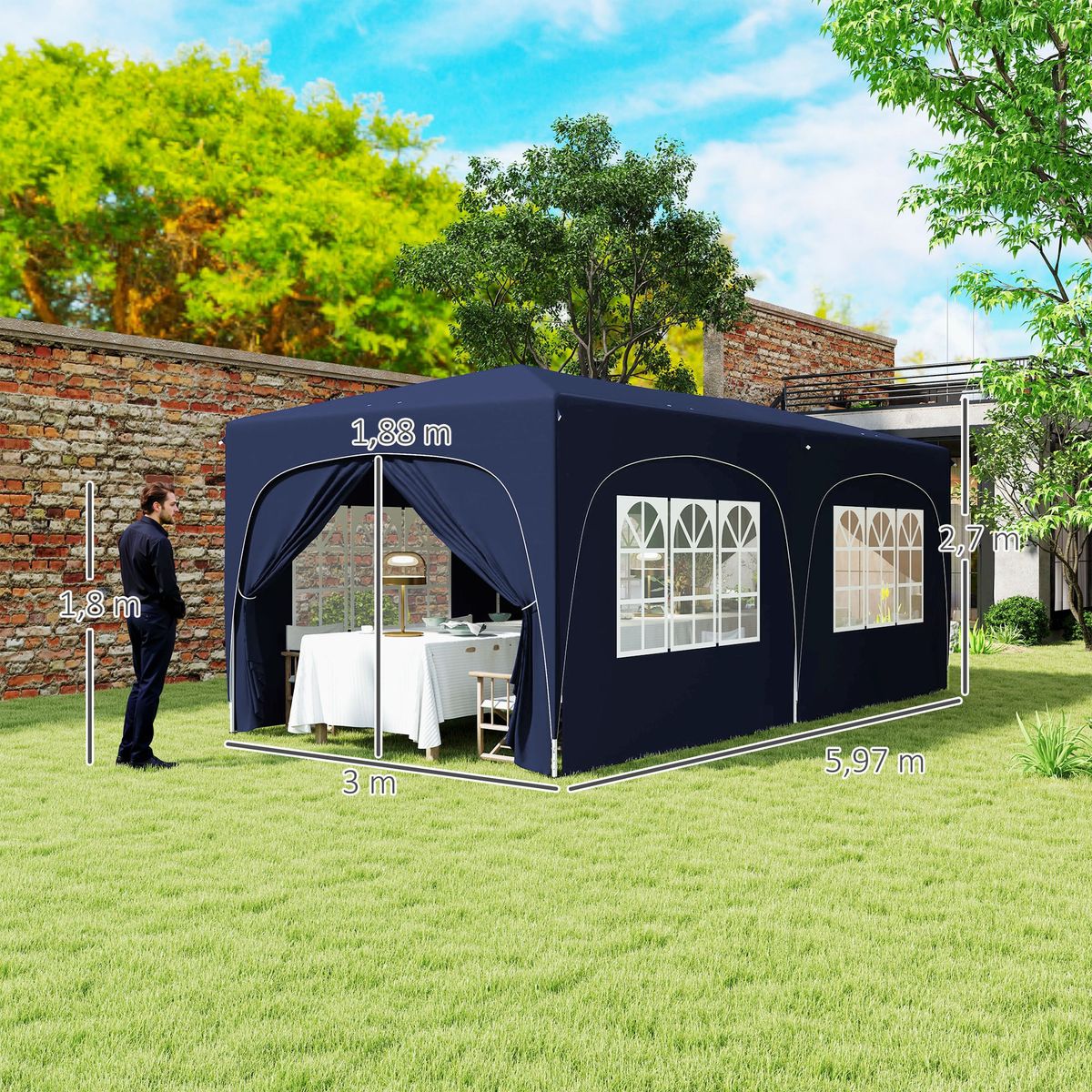 Carpa-Vitta-Outsunny-altura-ajustable---paneles-laterales-azul-270x597x300-cm-ambientada-jardin