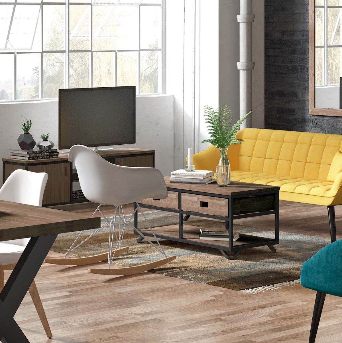 Mesa-de-centro-Industrial-roble-American-negro-46x50x100-cm-ambientada