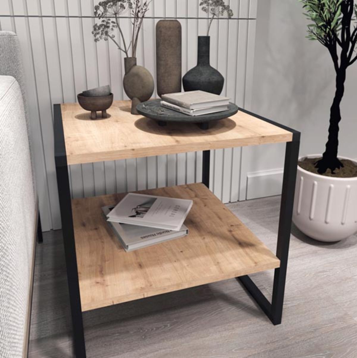 Mesa-de-centro-Delia-con-estantes-natural-negro-56x50x50-cm