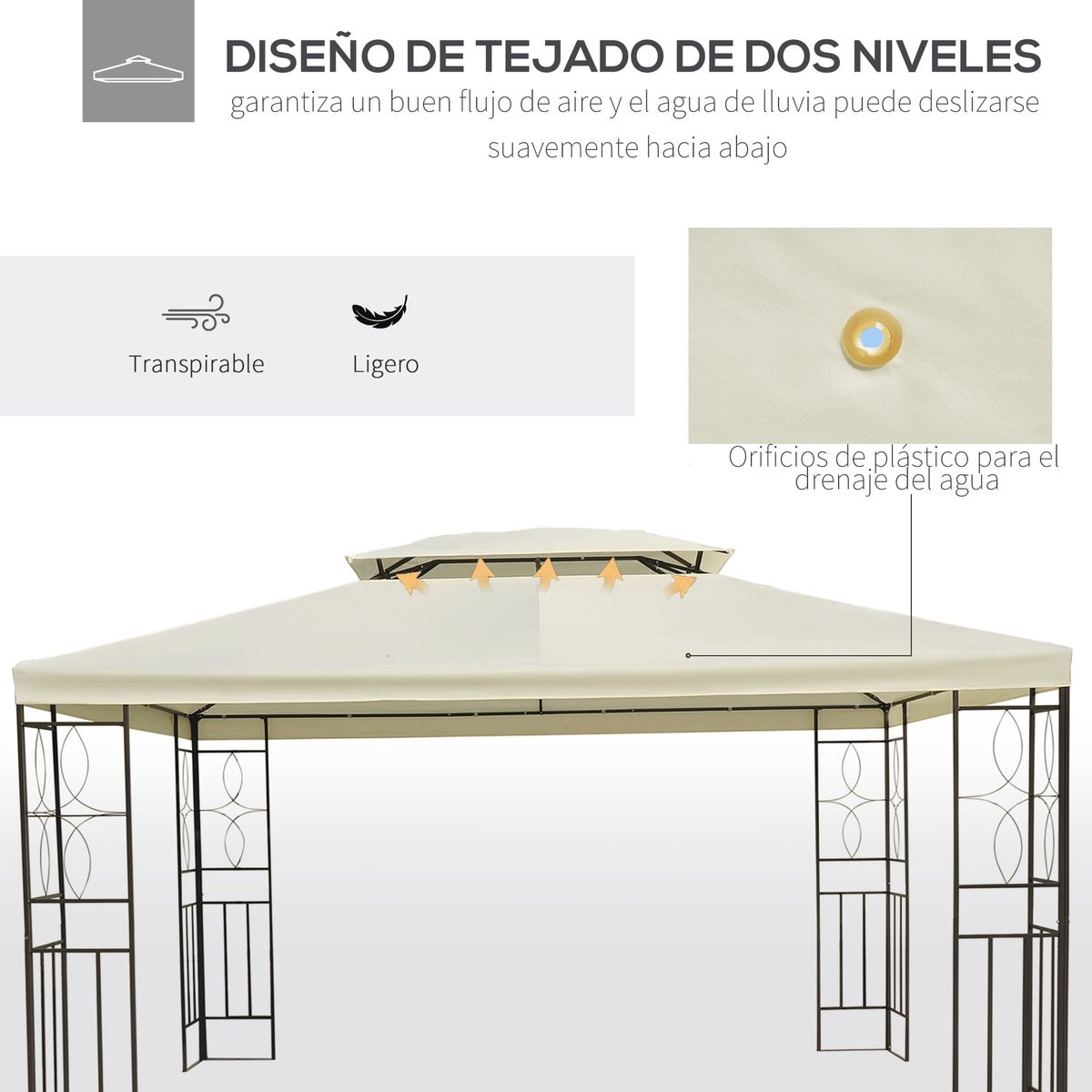 Cenador-Copete-Outsunny-doble-techo-crema-270x295x392-cm