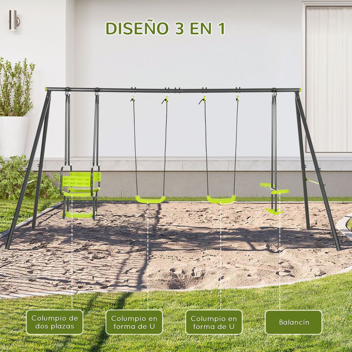 Columpio-infantil-Fauna-Outsunny-6-asientos--3A-verde-186x355x184-cm