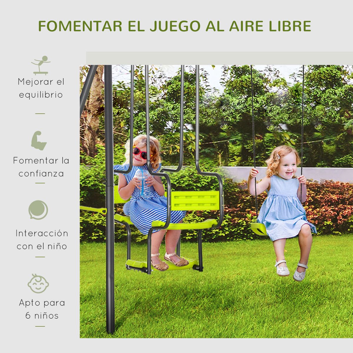 Columpio-infantil-Fauna-Outsunny-6-asientos--3A-verde-186x355x184-cm